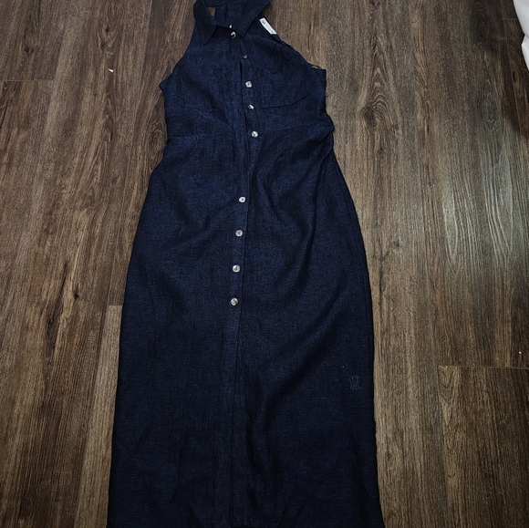 SOLD Zara Womens Dress Sz L Blue/Black Blend 100% Linen TShirt Style Maxi Preppy - Picture 9 of 14